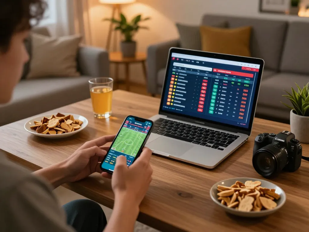 Person analyzing live sports odds on nhandinhkeonhacai app, reflecting strategic betting decisions in cozy home setting