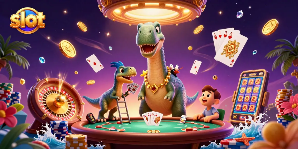 Slot menarik dengan brontosaurus besar dan raptor di meja kartu, dikelilingi koin emas dan chip poker.