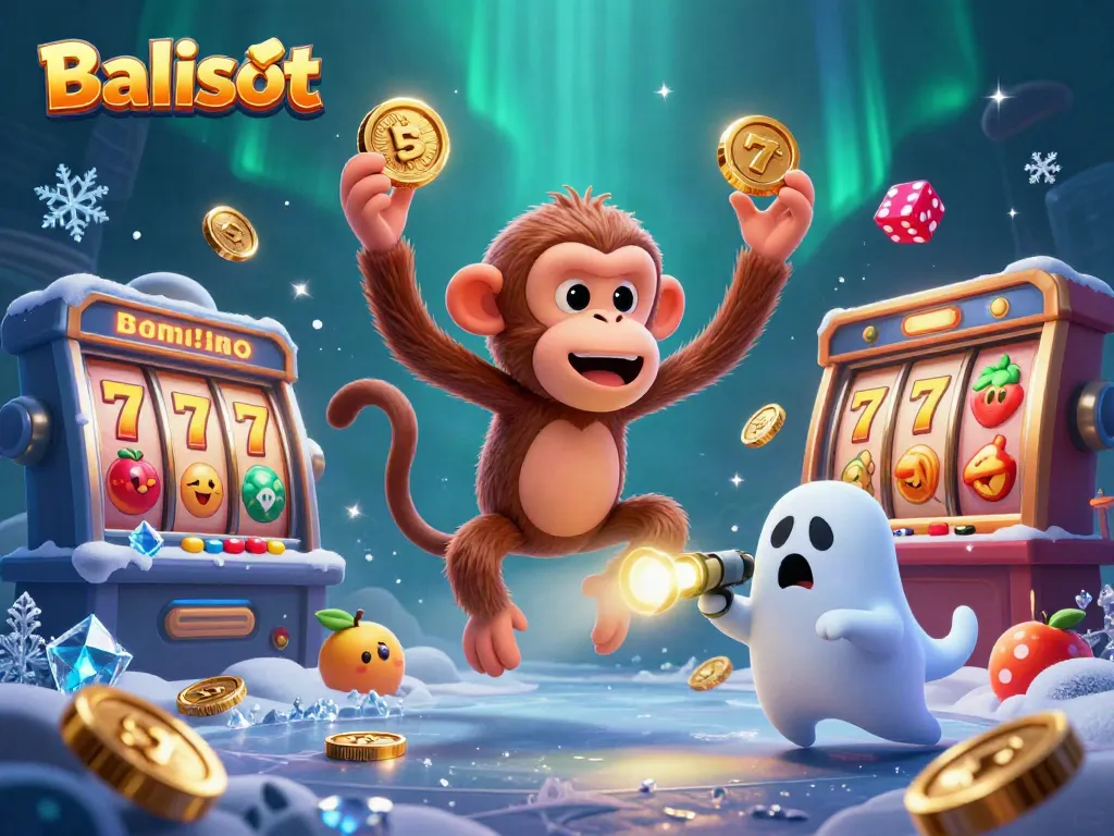 Balislot features a mischievous monkey juggling golden casino items in a haunted casino scene.