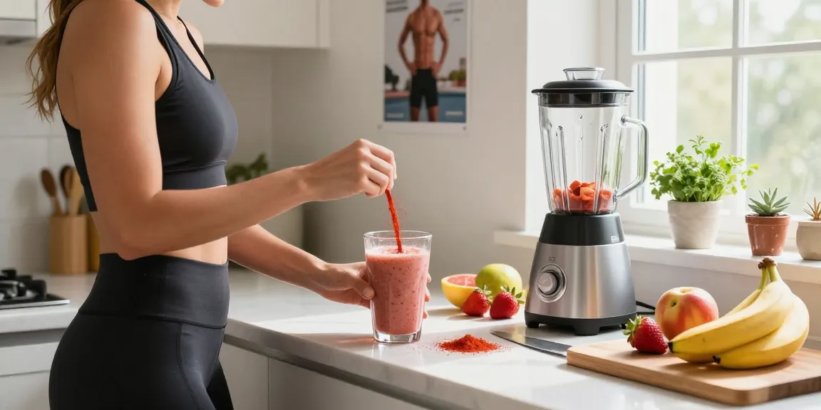 Preparing a smoothie with premium astaxanthin powder in a bright, inviting kitchen.
