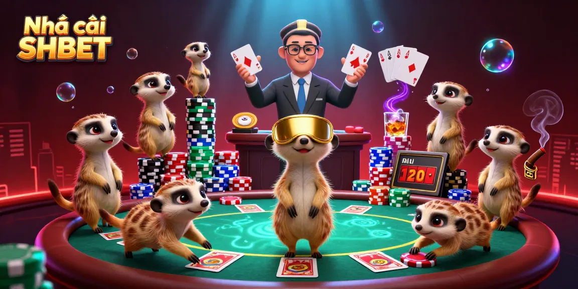 Experience thrilling gameplay at Nhà cái SHBET with vibrant 3D meerkat casino scene featuring action-packed elements.