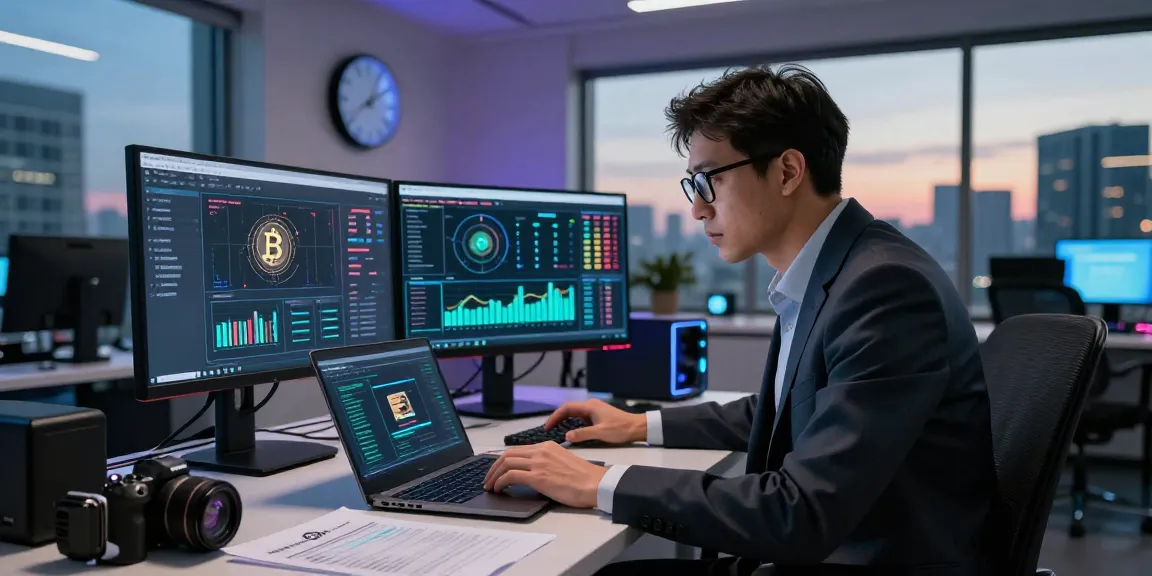 Recover stolen cryptocurrency through a cybersecurity expert analyzing real-time data in a sophisticated office.