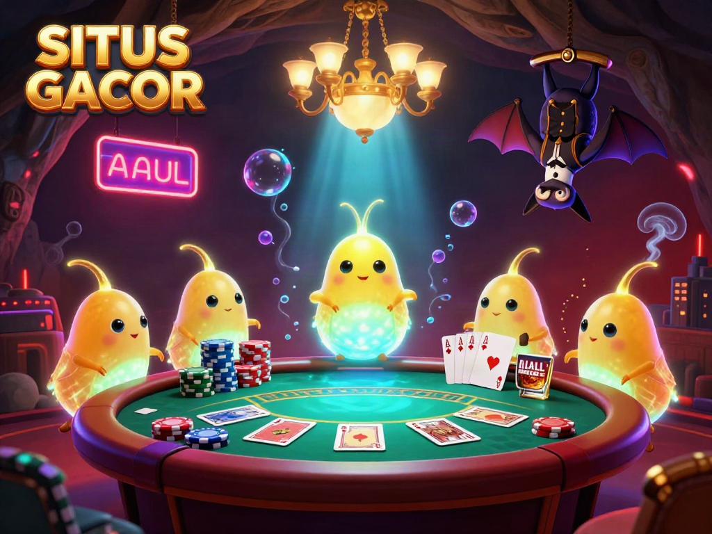 SITUS GACOR showcases a vibrant casino scene with glowworms illuminating poker action, enhancing engagement.