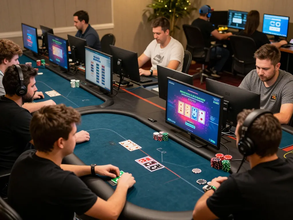 Engaged players strategizing during an online poker game on their devices at 8xx