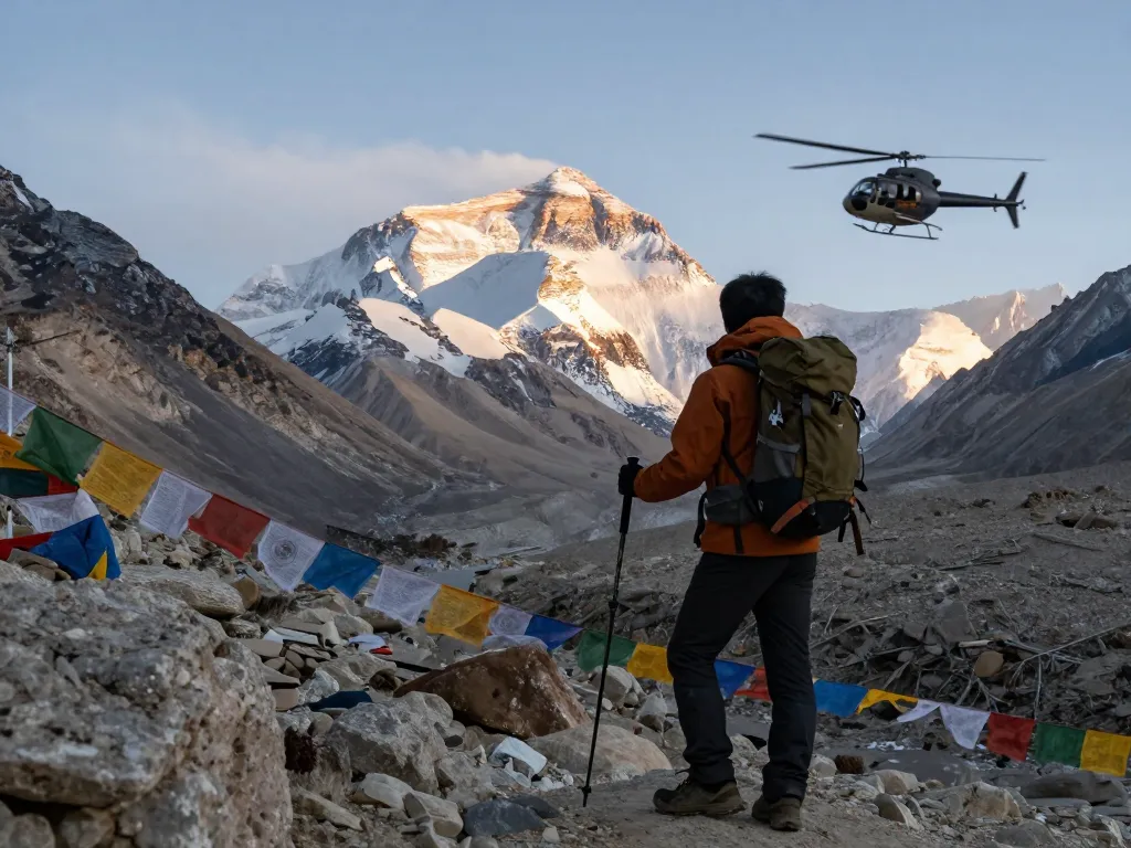 Stunning view of the Everest Base Camp Trek with Helicopter Return and sunrise over the Himalayas.