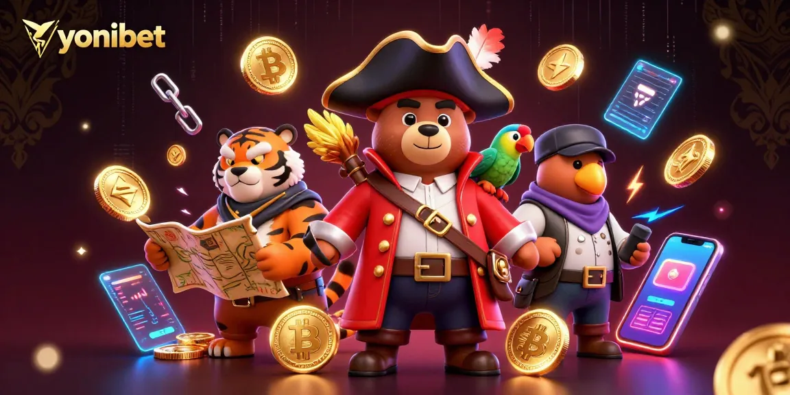 Experience thrilling gaming action with yonibet's vibrant 3D illustration of a pirate bear, crypto elements, and immersive casino atmosphere.