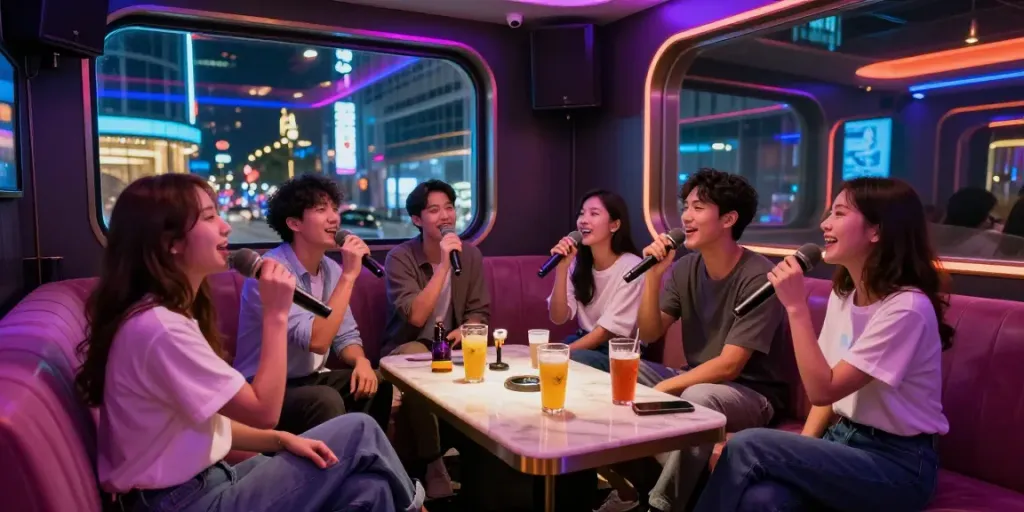 강남도파민에서 즐거운 친구들과 함께 노래를 부르는 모습, 활기찬 분위기의 프라이빗 카라오케룸