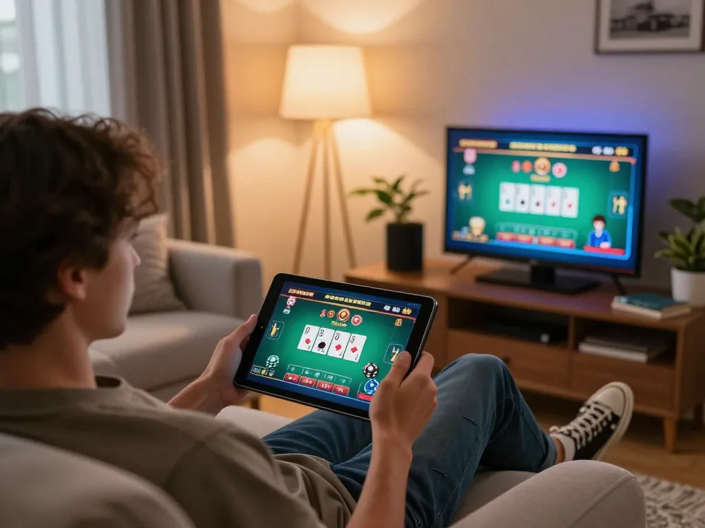 Engaging in Đăng Nhập FB88 on a tablet in a cozy home gaming setup.