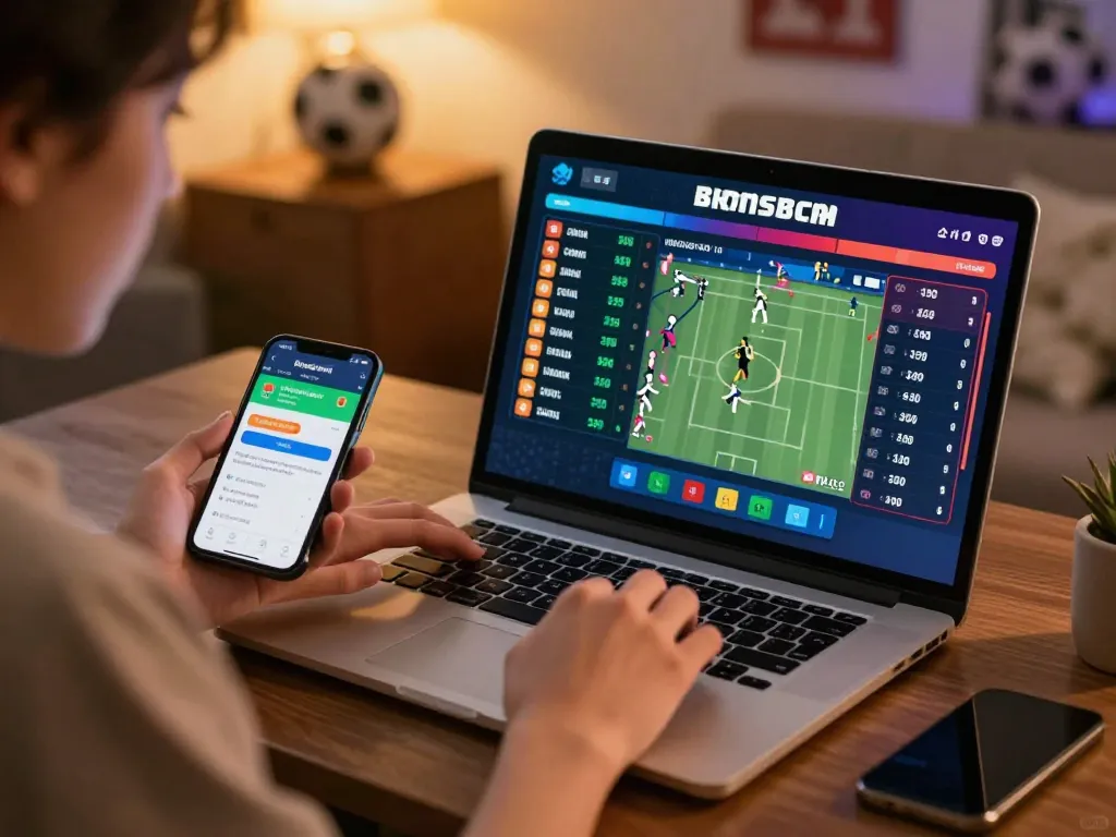 Engaged in online sports betting at nhà cái 8xbet with excitement visible on laptop and smartphone.