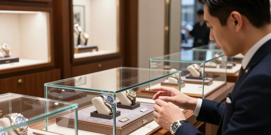 Exquisite replica watch on display in a luxury showroom, highlighting craftsmanship and elegance.