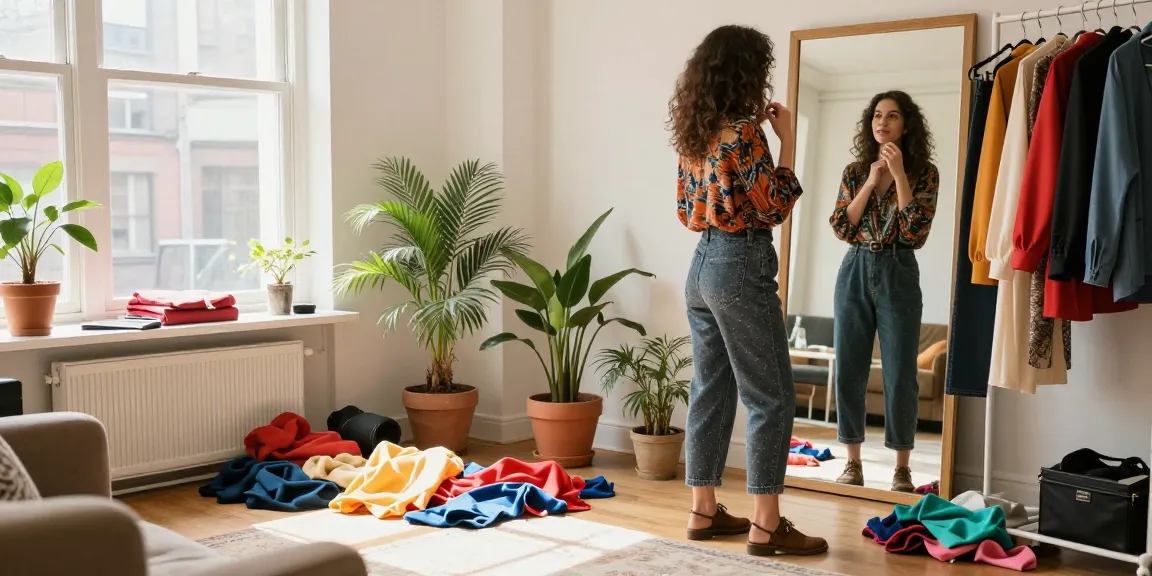 Scena di consulenza moda per creare un guardaroba capsula personalizzato, con abiti colorati sparsi e luce naturale.