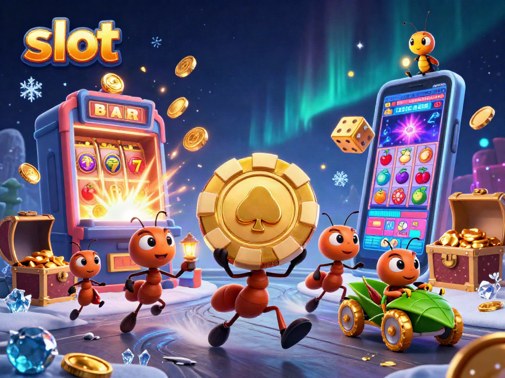 Ant membobol slot dengan chip poker besar, dikelilingi simbol jackpot bersinar dan elemen kasino.