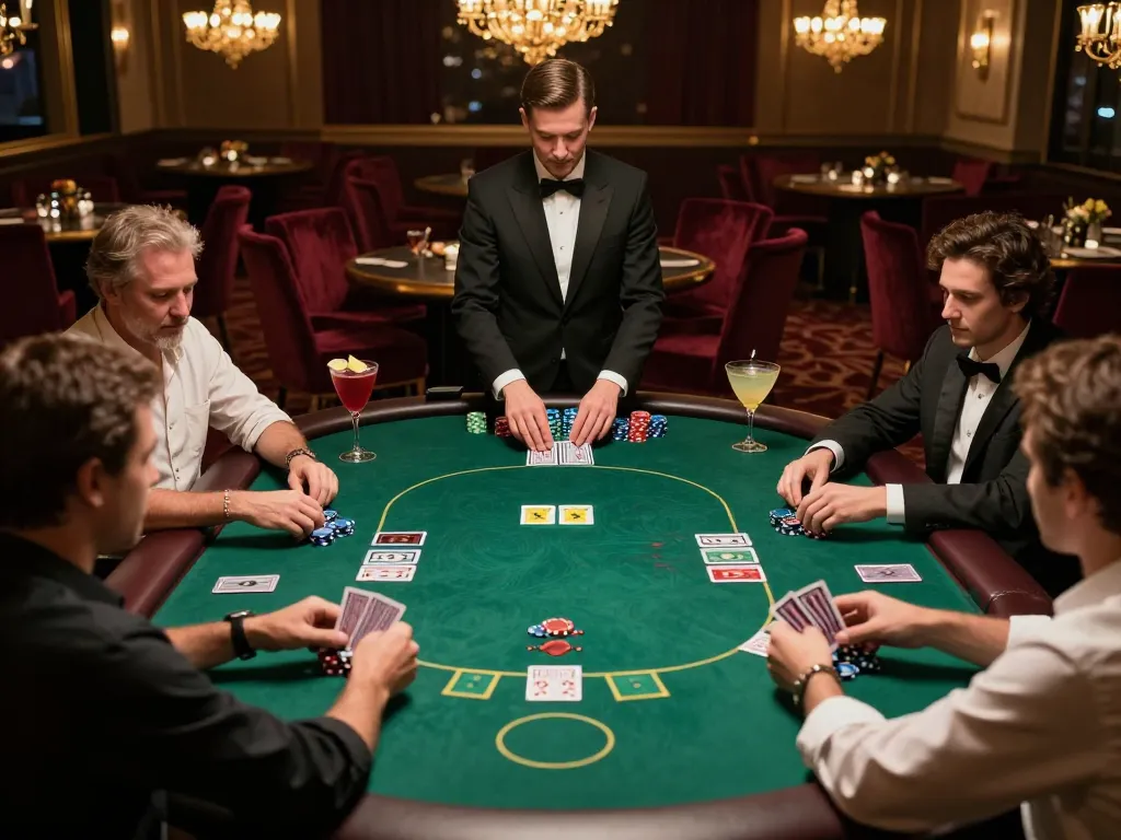 Players strategizing their next move in a private poker game at TT88's upscale casino, showcasing poker chips and cards.