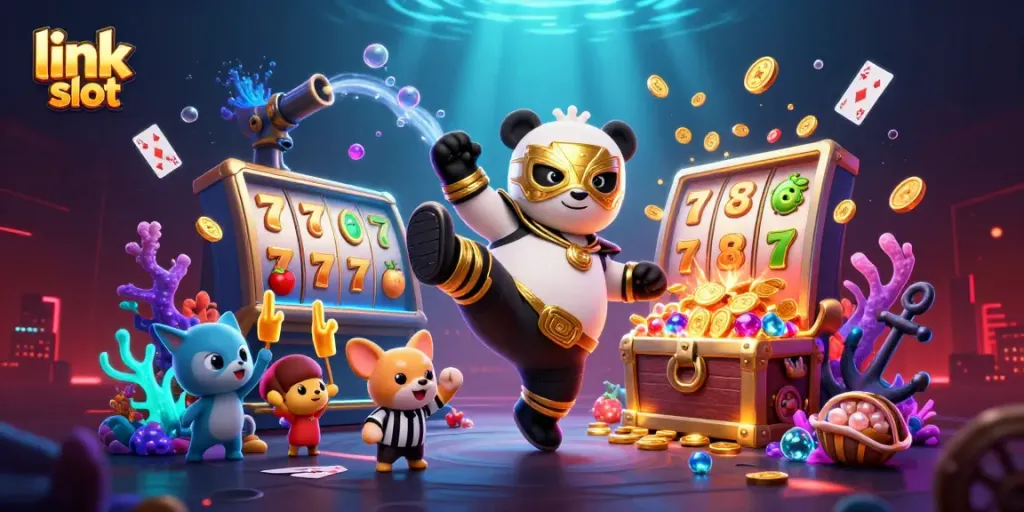 Taruhan link slot dengan panda pegulat dan chihuahua wasit dalam suasana kasino yang meriah.
