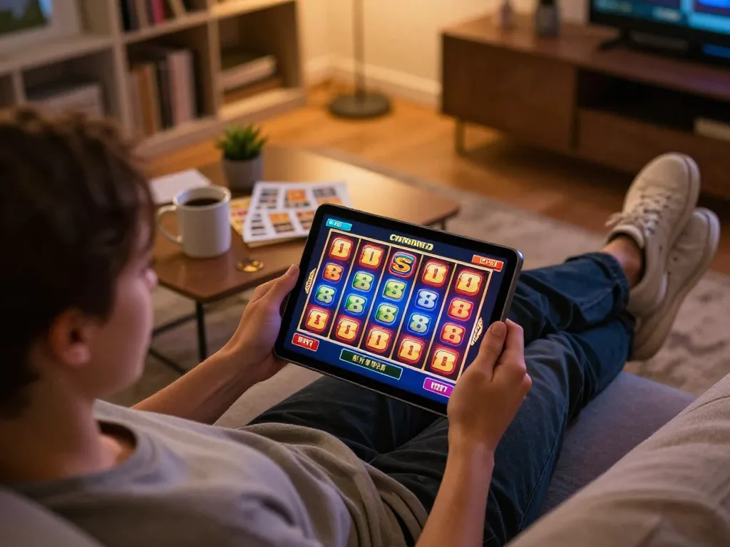 Engaging player enjoying superjp mobile slots experience on tablet in cozy living room.