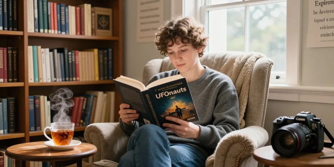 T Allen Greenfield's book "UFOnauts" read in a cozy library setting at https://tallengreenfield.com, showcasing spirituality and knowledge.