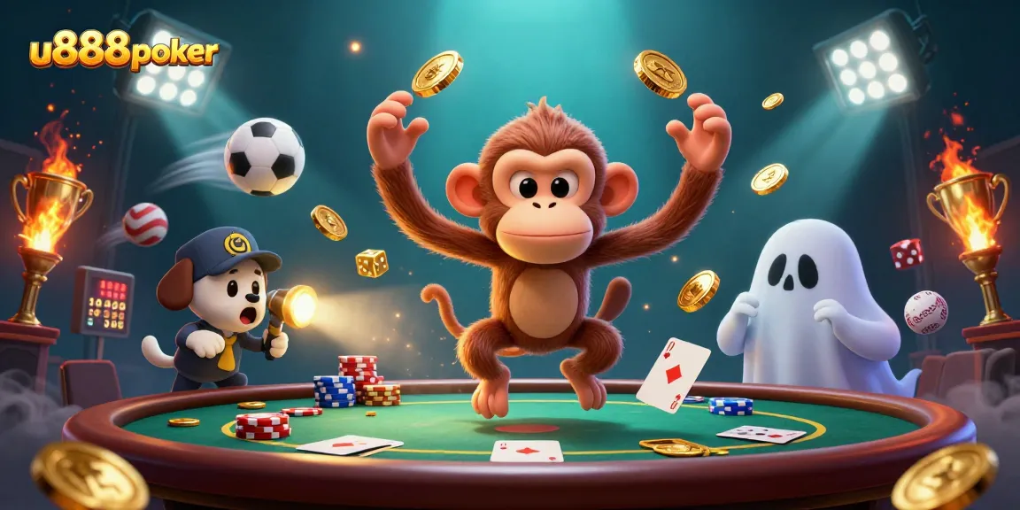 Experience competitive poker action with u888poker's dynamic characters in a haunted casino scene.