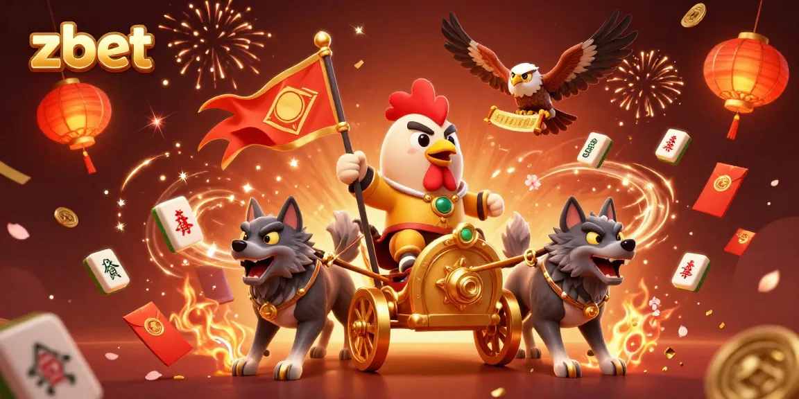Zbet showcases thrilling casino excitement with a rooster warlord, golden chariot, and festive symbols.