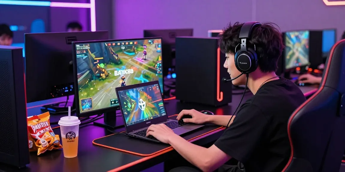 Gamer terlibat dalam permainan online di BATIK88, menunjukkan antusiasme dengan setup gaming modern dan suasana energik.