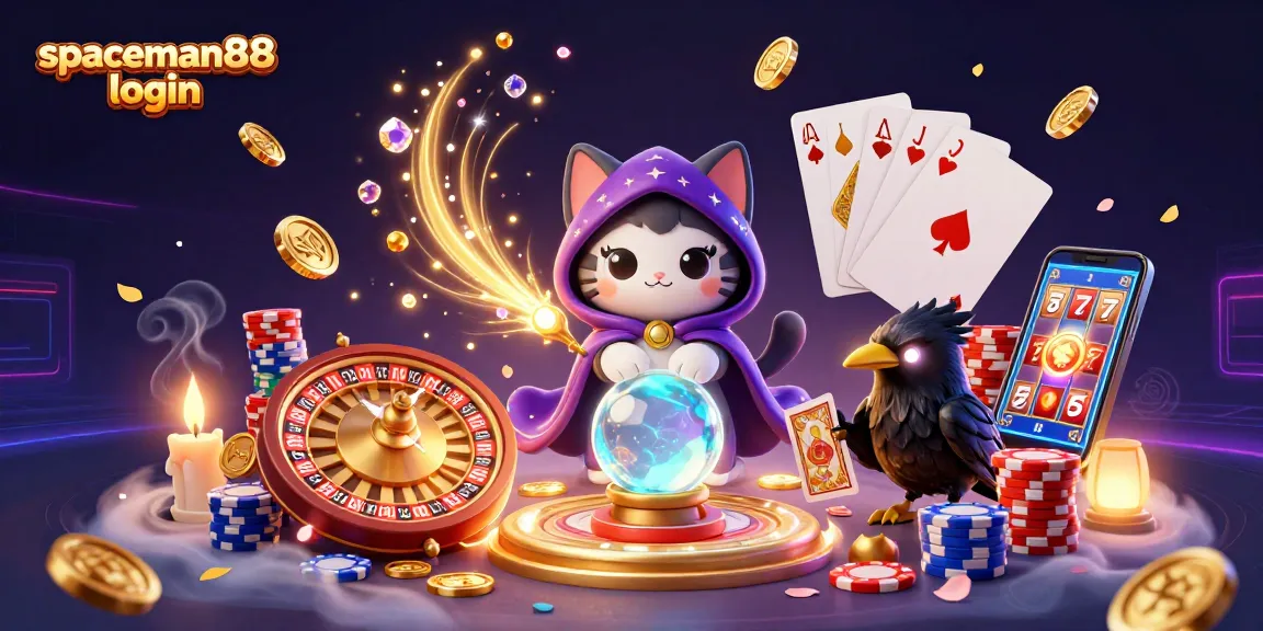 Engage with the spaceman88 login portal through a vibrant casino scene featuring a mystical cat and alluring game elements.