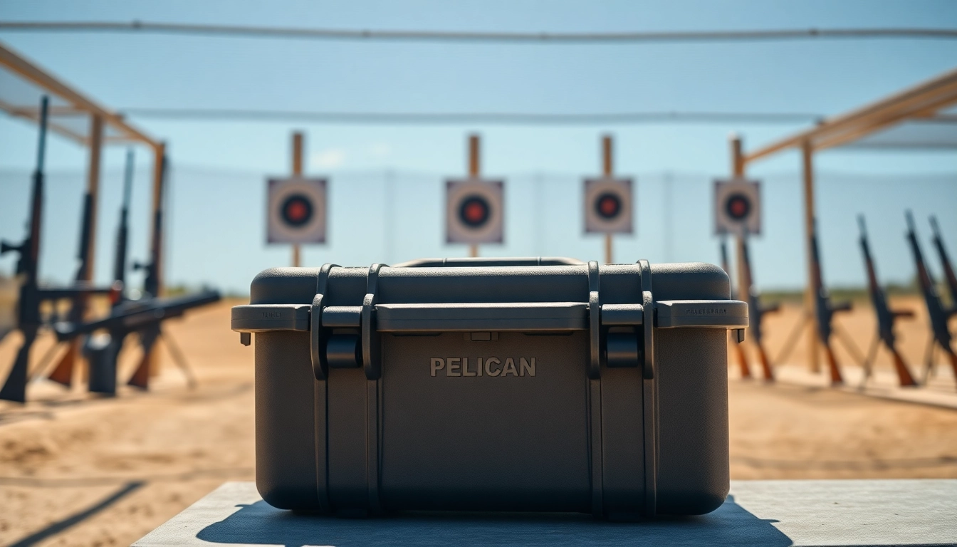 Showcasing the pelican gun case for sale amidst a shooting range setting, featuring rifles and vivid backgrounds.