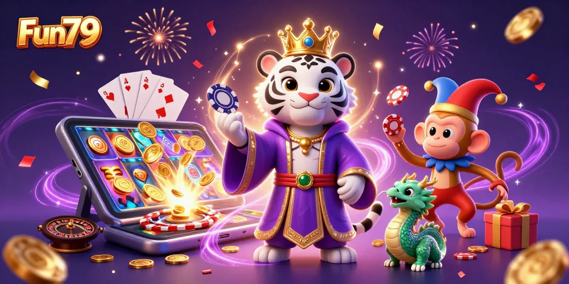 Join the Fun79 adventure with a playful tiger, monkey, and dragon and vibrant game elements.