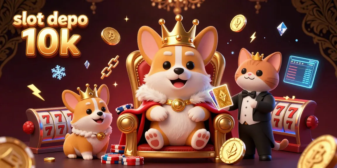 Win big with slot depo 10k, featuring a regal corgi and vibrant slot elements in a packed casino scene.