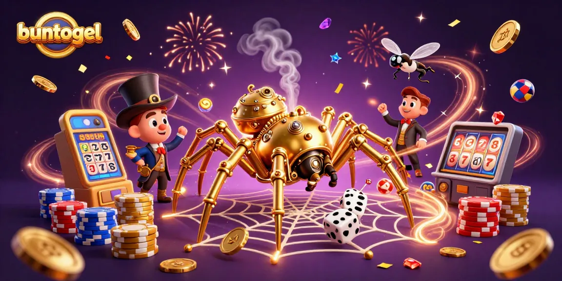 Buntogel gambling illustration with a steampunk spider, golden chains, and lottery elements, showcasing a vibrant casino scene.