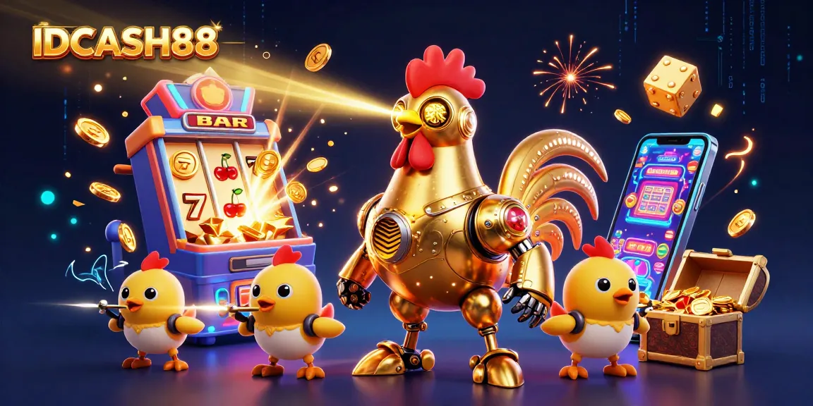 Engage with IDCASH88, featuring a vibrant scene with a golden rooster robot and gaming elements bursting with excitement.