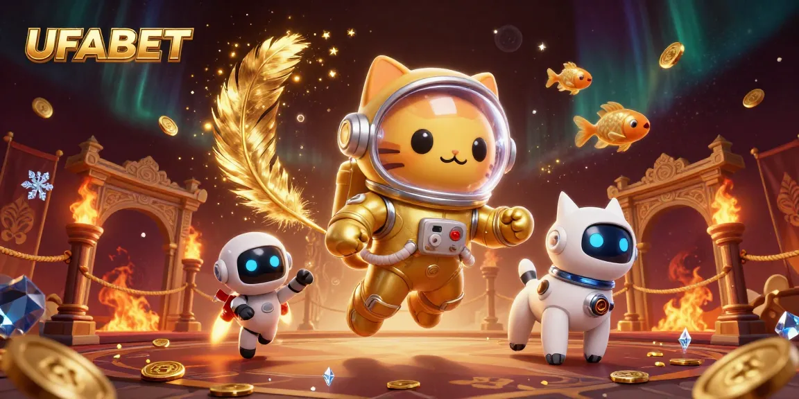UFABET offers a thrilling casino adventure with a space astronaut cat and robot dog amidst dynamic game elements.