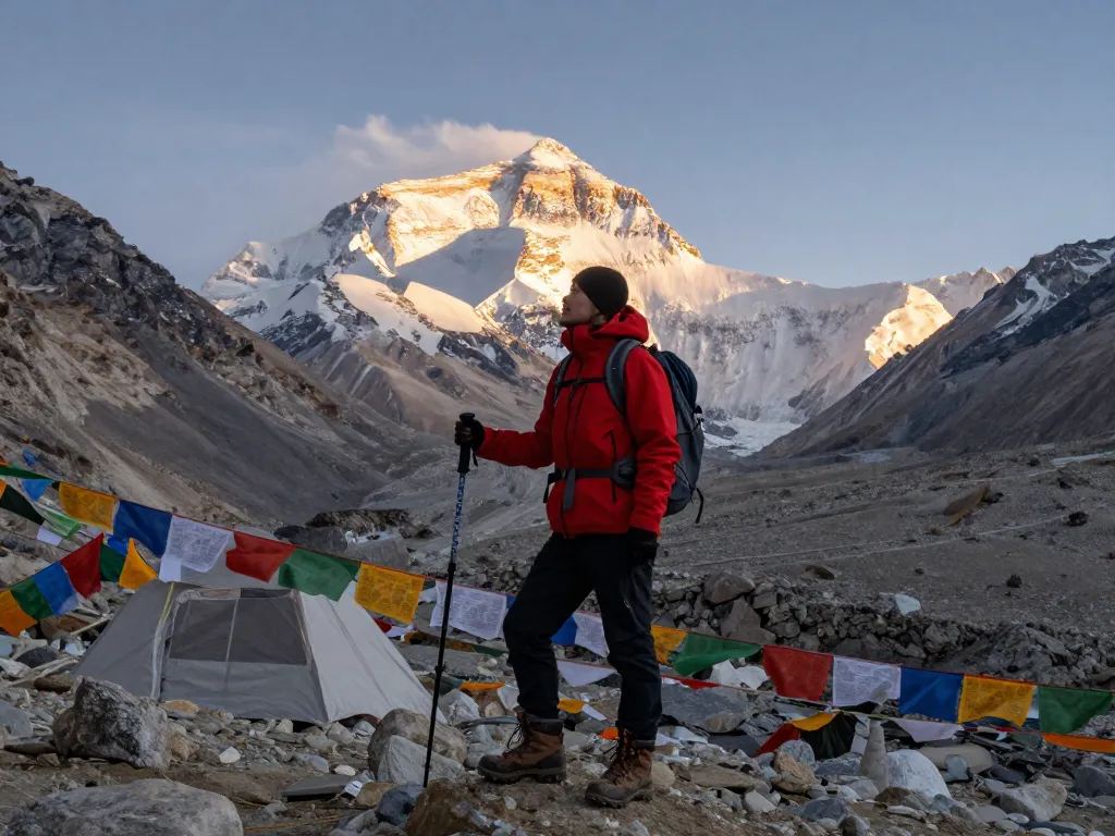 Everest Base Camp trekker celebrating at sunrise with majestic peaks and prayer flags.