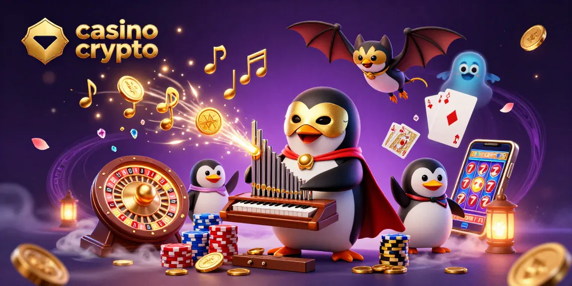 Gagnez des pièces d'or sur un casino crypto dynamique alors qu'un pingouin fantôme joue de l'orgue, entouré de joyaux.