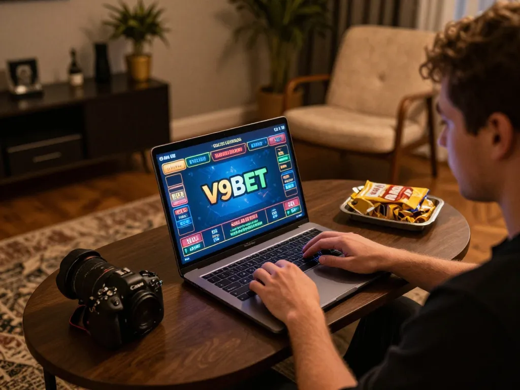Engaging V9BET user playing online casino game on a cozy laptop setup.