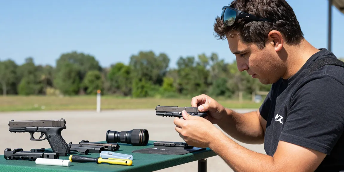 Experienced shooter at outdoor range customizing Glock slide with precision tools, highlighting https://precisionglockslides.com and aftermarket options.