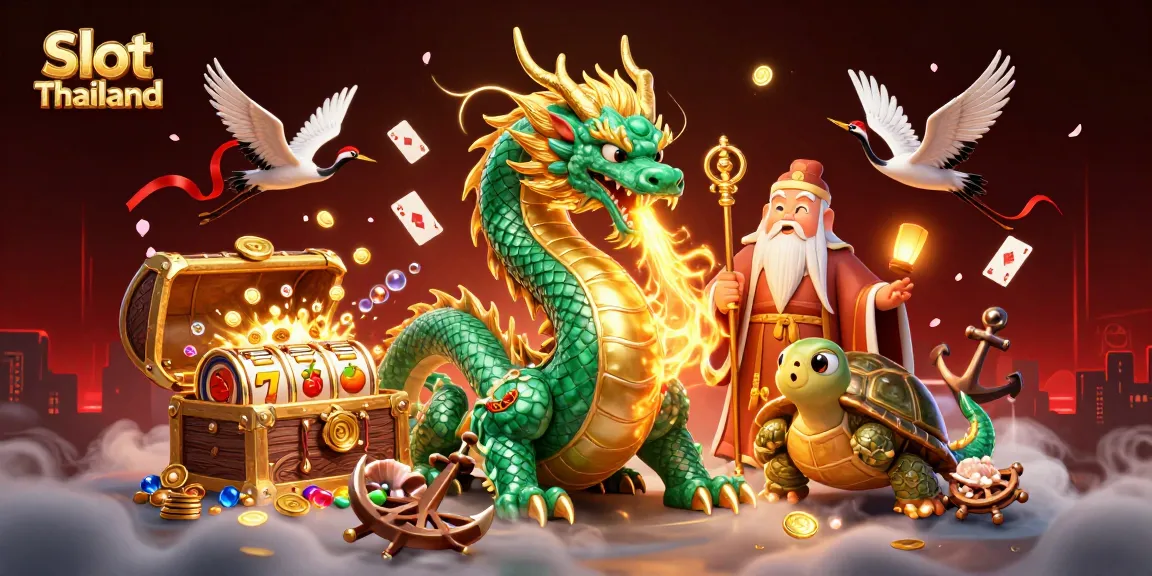 Mainkan Slot Thailand dengan naga jade, kura-kura, dan pangsa beruntung dalam ilustrasi menawan.