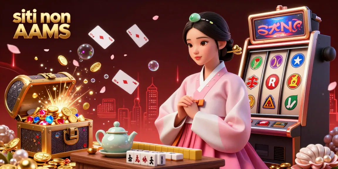 Siti non AAMS: Illustrazione di un casinò radioso che mostra colorati giochi di slot e una donna asiatica elegante in abbigliamento tradizionale.