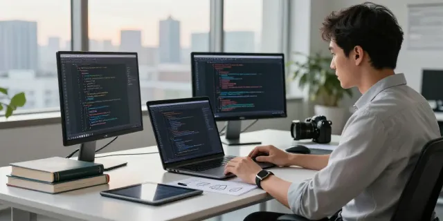 Professional workspace showcasing automated text generation tools with AI text outputs on screens.