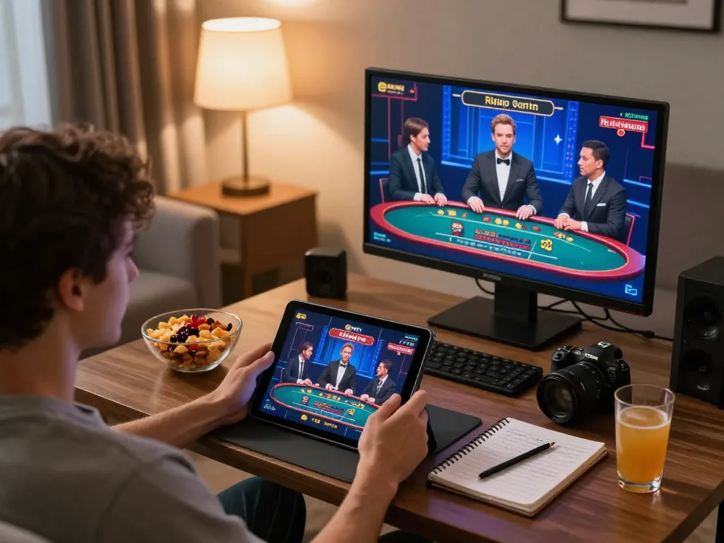 Player enjoys rik vip online casino gaming on a tablet in a cozy living room.