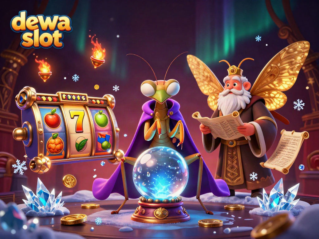 Ilustrasi dewa slot menunjukkan karakter mistis di dekat bola kristal dan simbol slot, penuh warna dan detail.