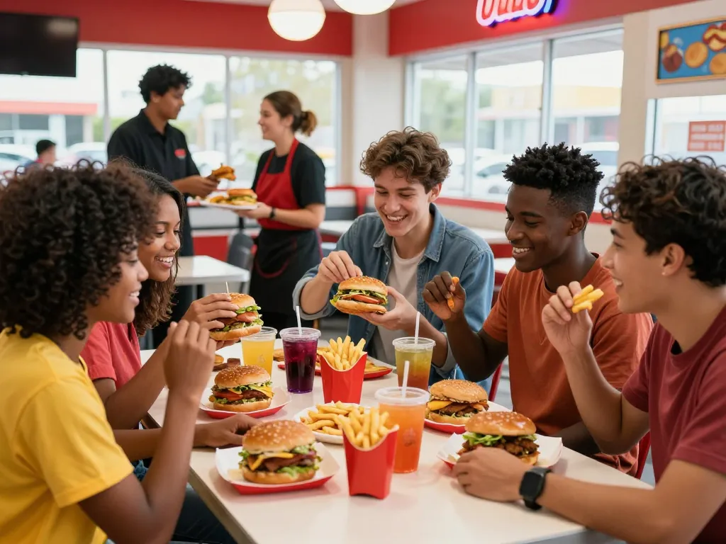 Fast food menu variety shared by friends at a vibrant restaurant table.