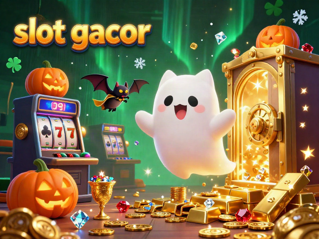 Experience the thrill of slot gacor at a vibrant casino with a ghost cat and vampire bat in action.