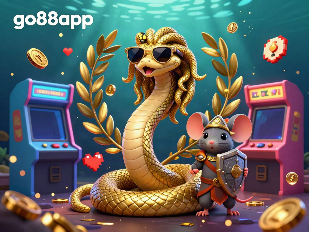 Experience the vibrant gamescape of go88app with Medusa and a warrior mouse, set in a magical casino world.