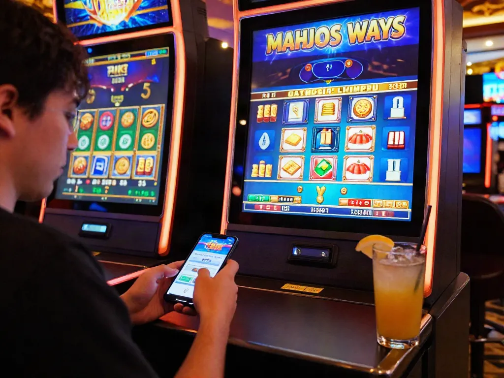 Luxury12 player enjoying exciting slot games on mobile device in a vibrant casino setting.