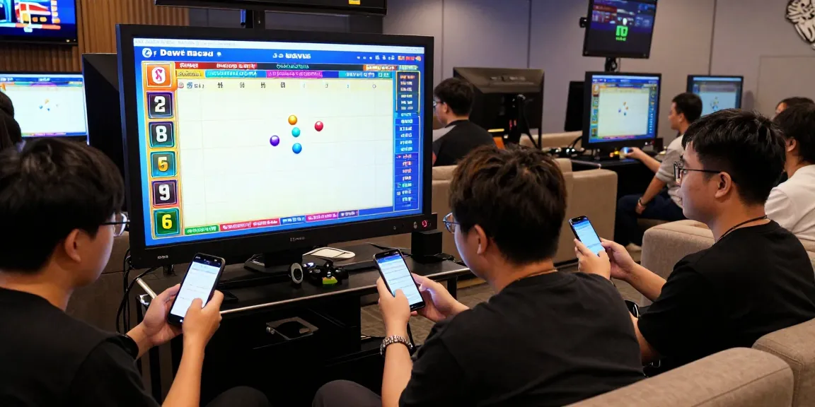 Exciting scene of players engaged in toto macau live draw event with mobile devices, capturing the thrill of real-time betting.