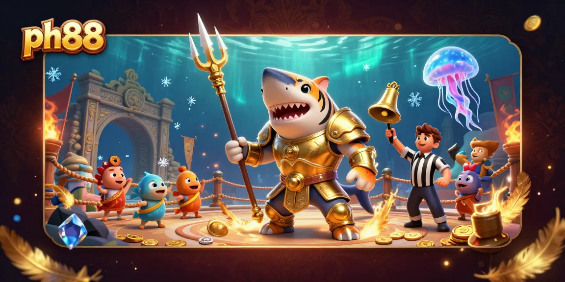 Experience excitement at ph88 with a vibrant underwater scene featuring a golden tiger shark and cheering sea life.