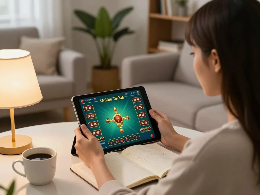 Tai Xiu Online gaming scene at home using tablet for strategy and gameplay, featuring warm atmosphere and cozy decor.