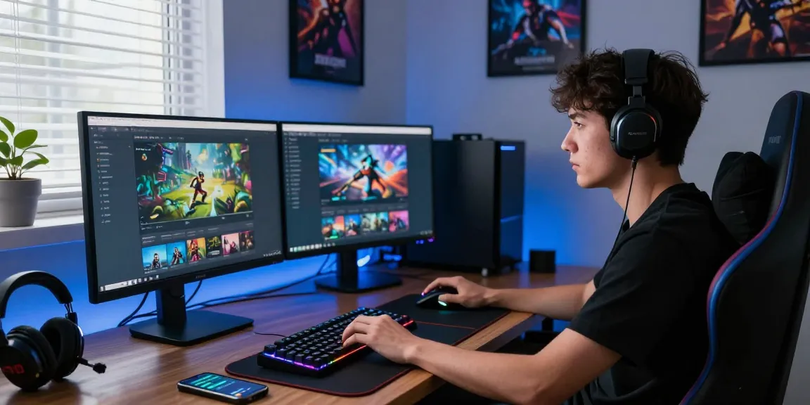 Gamer exploring 안전 토토사이트 on multiple screens in a modern home office.