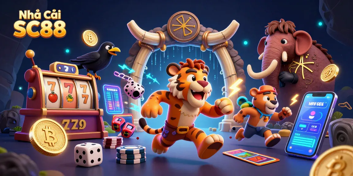 Play thrilling slots at Nhà cái SC88 with 3D cartoon characters in a vibrant casino scene.