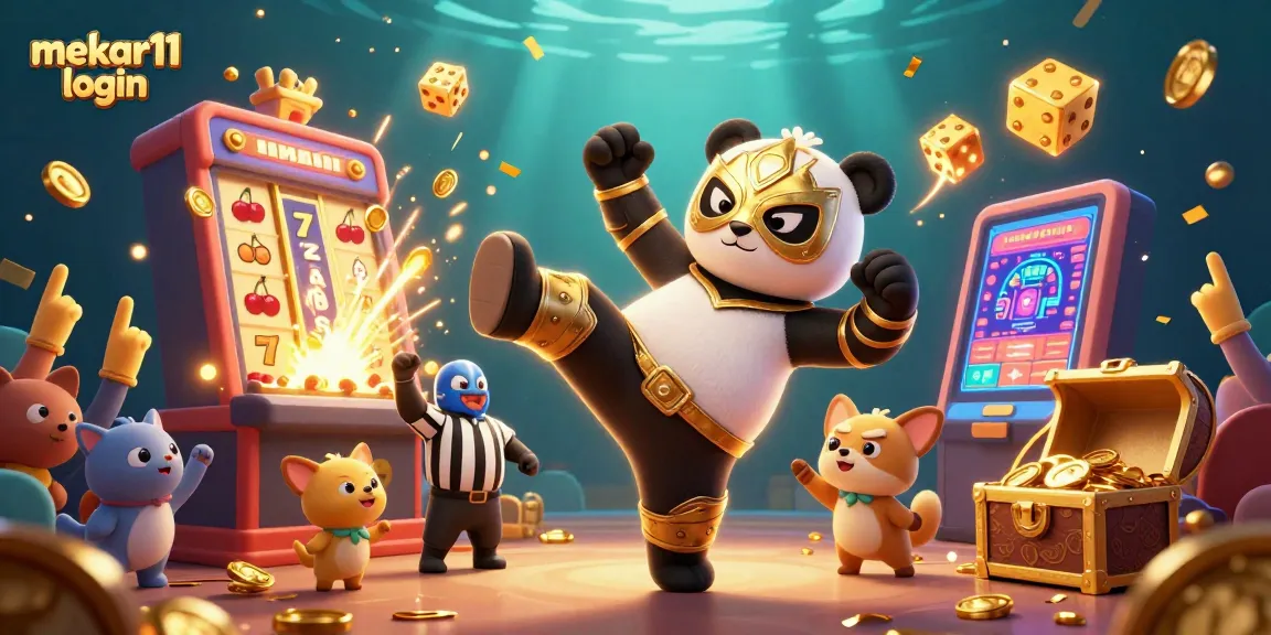 Engage in thrilling gameplay with mekar11 login, featuring a panda wrestler amidst vibrant casino elements.