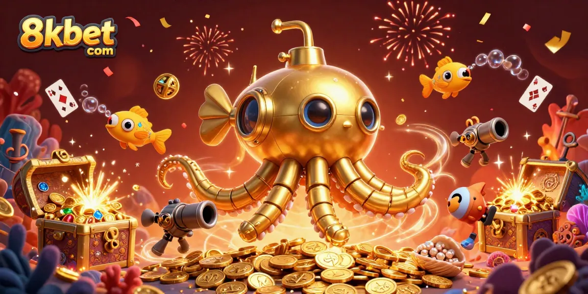 Win big at 8xbet com with thrilling gaming scenes featuring underwater treasures and a kraken submarine!